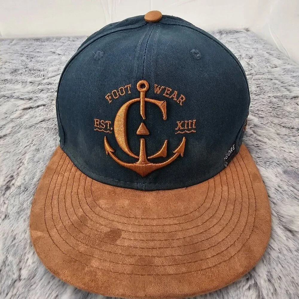 Core Footwear Anchor Snapback Hat Navy Brown Suede Brim Adjustable Cap - Picture 1 of 10